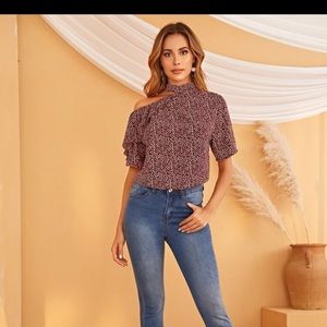 New graphic print asymmetrical neck top